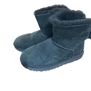 UGG‎ Australia Mini Bailey Bow II Classic Boots Black Suede Sheepskin Lined US 8